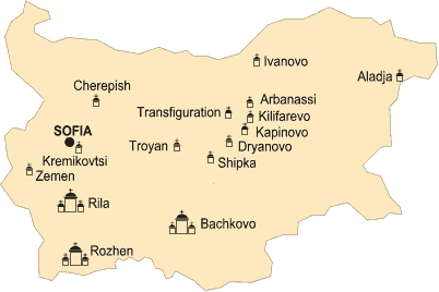 mapa bulharských klášterů